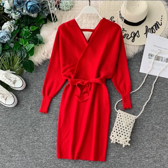 Dresses & Skirts - New! Red V Neck Wrap Ribbed Cashmere Sweater Dress